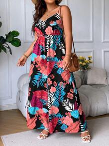 SHEIN Holidaya Plus Tropical Print Wide Leg Cami Jumpsuit - Multicolor - View 3