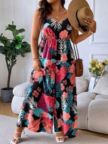 SHEIN Holidaya Plus Tropical Print Wide Leg Cami Jumpsuit - Multicolor - View 5
