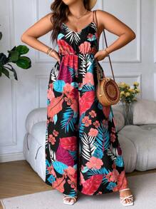 SHEIN Holidaya Plus Tropical Print Wide Leg Cami Jumpsuit - Multicolor - View 6