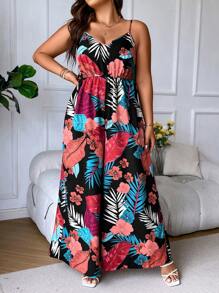 SHEIN Holidaya Plus Tropical Print Wide Leg Cami Jumpsuit - Multicolor - View 8