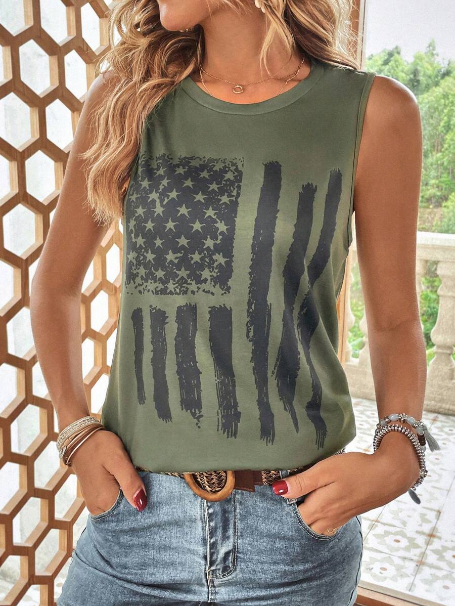SHEIN LUNE Top tank con estampado de americana - Verde militar - Ver 1