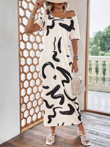 SHEIN LUNE Đầm Đồ họa Giải trí - Màu be - Xem 3