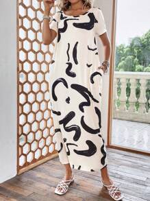 SHEIN LUNE Đầm Đồ họa Giải trí - Màu be - Xem 6