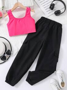 SHEIN Tween Girl Solid Tank Top & Buckle Tape Cargo Pants - Multicolor - View 2