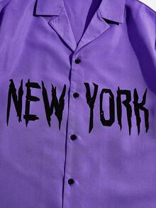 ROMWE MEN Prep 男士字母圖案襯衫和腰部抽繩短褲 - 紫色 - 查看 4