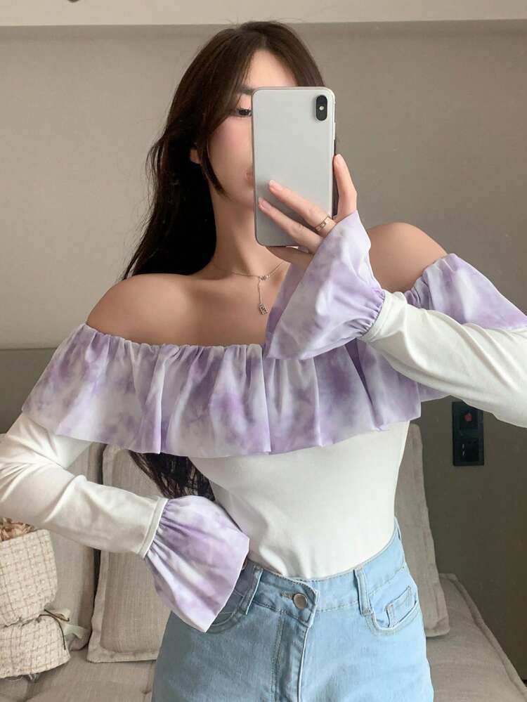 Tie Dye Off Shoulder Ruffle Trim Tee Long Sleeve Women Tops