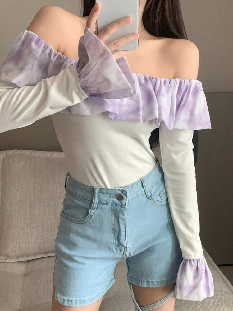 Tie Dye Off Shoulder Ruffle Trim Tee Long Sleeve Women Tops