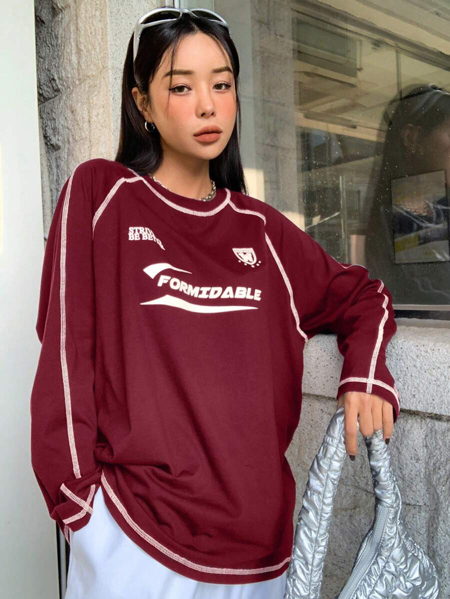 DAZY 字母图案拼接插肩袖T恤 女式长袖针织上衣 - 紅色 - 查看 1