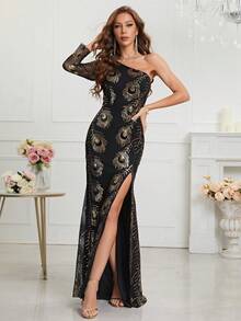 One Shoulder Split Thigh Contrast Sequin Formal Dress - Black - View 6