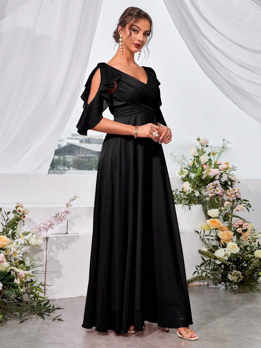 Split Sleeve Ruffle Trim Chiffon Formal Bridesmaid Dress - Black - View 1