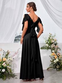 Split Sleeve Ruffle Trim Chiffon Formal Bridesmaid Dress - Black - View 2