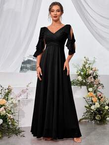 Split Sleeve Ruffle Trim Chiffon Formal Bridesmaid Dress - Black - View 3