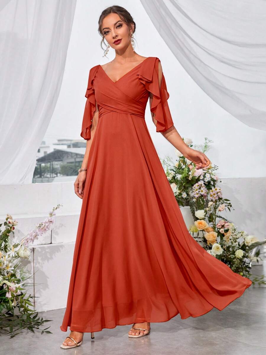 Ruffle Trim Split Sleeve Chiffon Formal Bridesmaid Dress Elegant Dress - trái cam - Xem 1