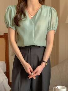 DAZY Solid Puff Sleeve V Neck Blouse - Green - View 9