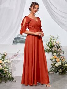 Ruffle Trim Split Sleeve Chiffon Formal Bridesmaid Dress Elegant Dress - trái cam - Xem 5