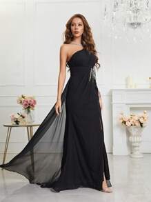 One Shoulder Split Thigh Chiffon Formal Dress Black Elegant Long Sleeve Prom Evening Wedding Guest Gown, For Graduation, Dinner - Black - View 6