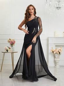 One Shoulder Split Thigh Chiffon Formal Dress Black Elegant Long Sleeve Prom Evening Wedding Guest Gown, For Graduation, Dinner - Black - View 7