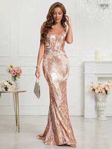 Mermaid Hem Sequin Formal Dress - Champagne - View 3