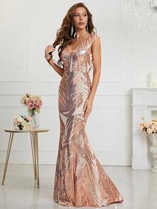 Mermaid Hem Sequin Formal Dress - Champagne - View 4