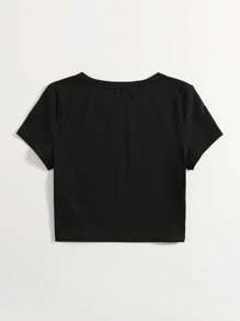 SHEIN EZwear Casual Solid Color Slim Fit Cropped T-Shirt, Summer - Black - View 2