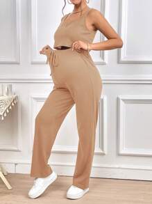 SHEIN Maternity Solid Tank Top & Drawstring Waist Trousers - Khaki - View 1