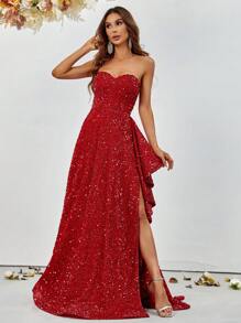 Split Thigh Sequin Tube Formal Dress - Red - View 1
