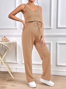 SHEIN Maternity Solid Tank Top & Drawstring Waist Trousers - Khaki - View 3