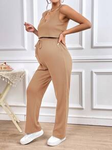 SHEIN Maternity Solid Tank Top & Drawstring Waist Trousers - Khaki - View 4
