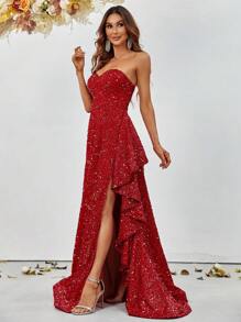Split Thigh Sequin Tube Formal Dress - Red - View 3