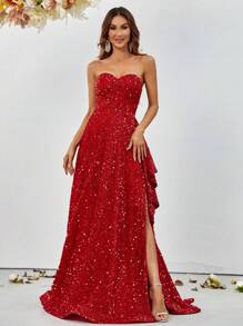 Split Thigh Sequin Tube Formal Dress - Red - View 5