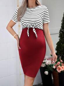 SHEIN 孕婦條紋印花下擺打結T恤和可調節腰圍包臀半身裙 - 酒紅色 - 查看 7