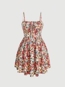SHEIN MOD Váy hai dây buộc phía trước họa tiết hoa Plus, mùa hè - Nhiều màu - Xem 1