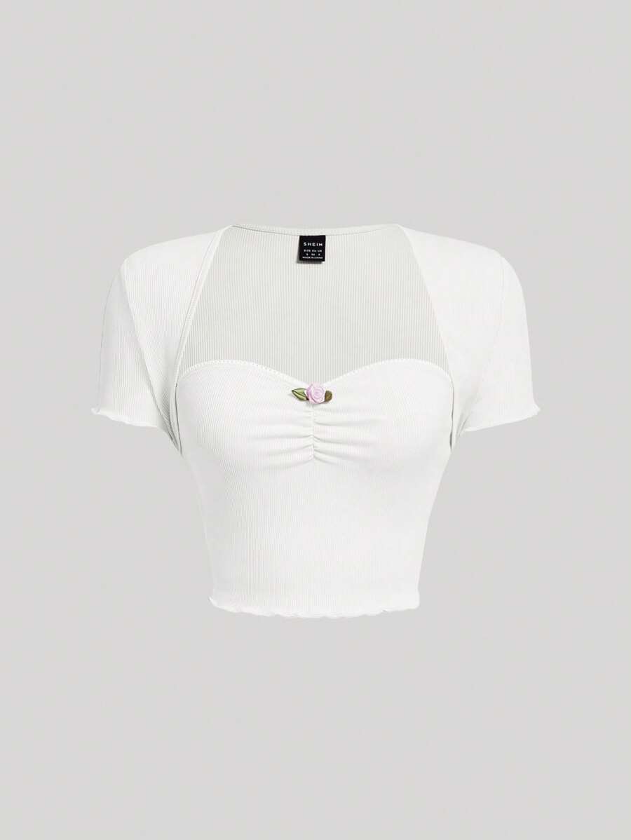 SHEIN MOD Áo thun nữ Đắp vá Nếp gấp Phần Ngực màu trơn Giải trí - trắng - Xem 1