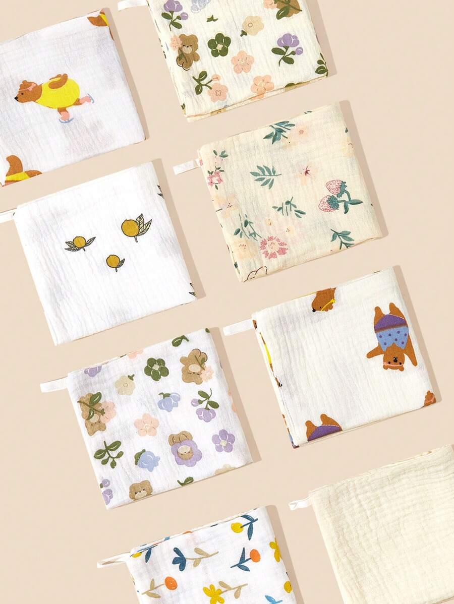 3入組嬰兒花和小熊印花織物擦嘴餵食手帕成套工具適用於日常使用