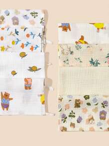 3入組嬰兒花和小熊印花織物擦嘴餵食手帕成套工具適用於日常使用