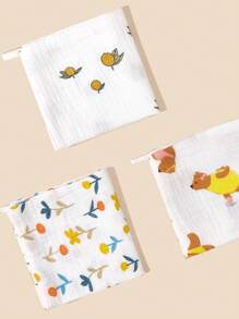 3入組嬰兒花和小熊印花織物擦嘴餵食手帕成套工具適用於日常使用