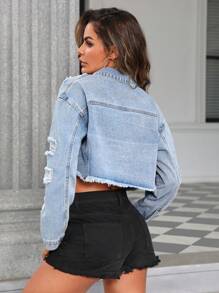 SHEIN Essnce 破洞毛邊短款牛仔夾克 - 淺色水洗藍 - 查看 2