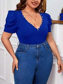 SHEIN Privé Camiseta con cuenta de perla de manga farol escote corazón cuello - azul real - Ver 3