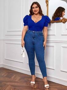 SHEIN Privé Camiseta con cuenta de perla de manga farol escote corazón cuello - azul real - Ver 5