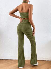 SHEIN Essnce Bộ đồ hai mảnh nữ Bất đối xứng Lộ Lưng Gân đan màu trơn Giải trí - xanh quân đội - Xem 2
