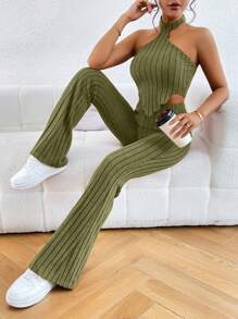 SHEIN Essnce Bộ đồ hai mảnh nữ Bất đối xứng Lộ Lưng Gân đan màu trơn Giải trí - xanh quân đội - Xem 3