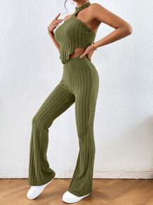 SHEIN Essnce Bộ đồ hai mảnh nữ Bất đối xứng Lộ Lưng Gân đan màu trơn Giải trí - xanh quân đội - Xem 5