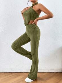 SHEIN Essnce Bộ đồ hai mảnh nữ Bất đối xứng Lộ Lưng Gân đan màu trơn Giải trí - xanh quân đội - Xem 6