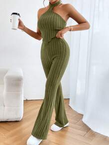 SHEIN Essnce Bộ đồ hai mảnh nữ Bất đối xứng Lộ Lưng Gân đan màu trơn Giải trí - xanh quân đội - Xem 7