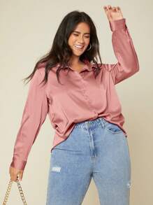 SHEIN BASICS Plus Solid Button Front Shirt - Dusty Pink - View 6