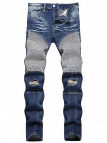 Men Cotton Colourblock Ripped Fishnet Insert Jeans - Medium Wash - View 1