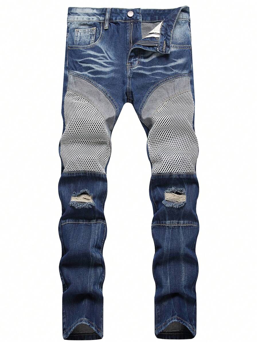 Men Cotton Colourblock Ripped Fishnet Insert Jeans - Medium Wash - View 1