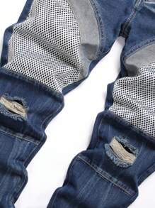 Men Cotton Colourblock Ripped Fishnet Insert Jeans - Medium Wash - View 3
