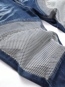 Men Cotton Colourblock Ripped Fishnet Insert Jeans - Medium Wash - View 6