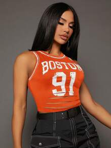 SHEIN SXY Letter Graphic Ripped Tank Top - Orange - View 6